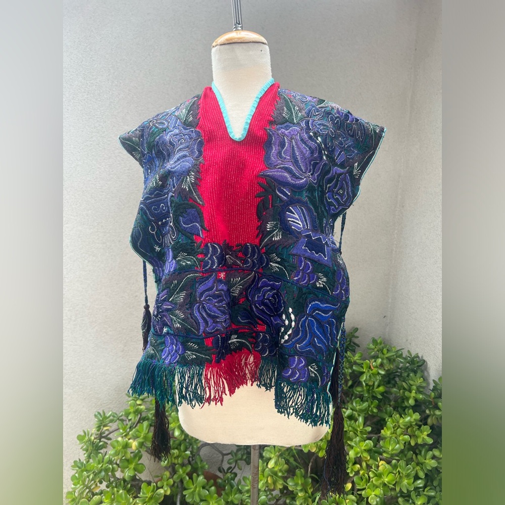 Vintage Mexican Huipil poncho floral embroidery blues reds metallic tassels OS